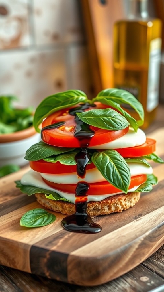 A freshly made Caprese sandwich featuring tomatoes, mozzarella, and basil on ciabatta, garnished with balsamic glaze.